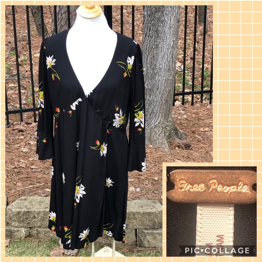 FREE PEOPLE Black Floral Wrap Dress Size Large